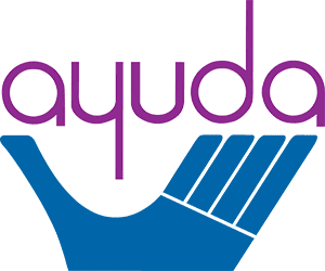 Ayuda logo in a deep blue and bright plum.<br />
A blue hand holds the word "ayuda" in it gently. Transparent background