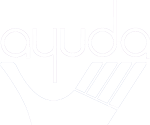 Ayuda logo in white. A hand is shown cradling the word "ayuda"