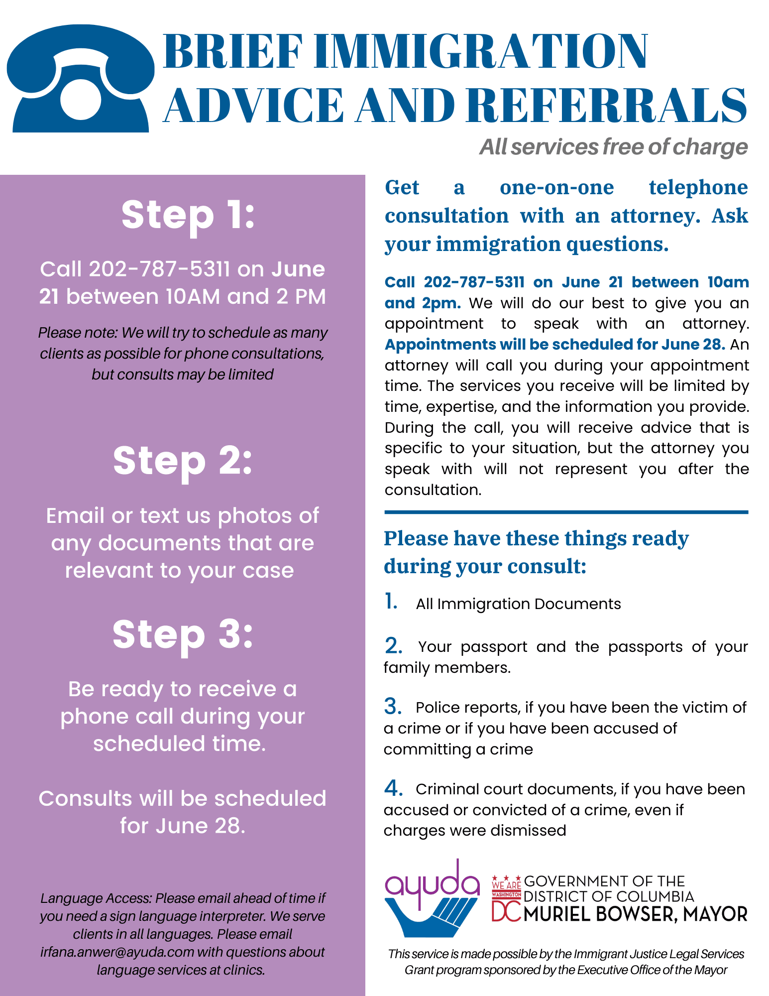 English-language flyer for Ayuda’s June 2024 call-in brief immigration advice clinic.