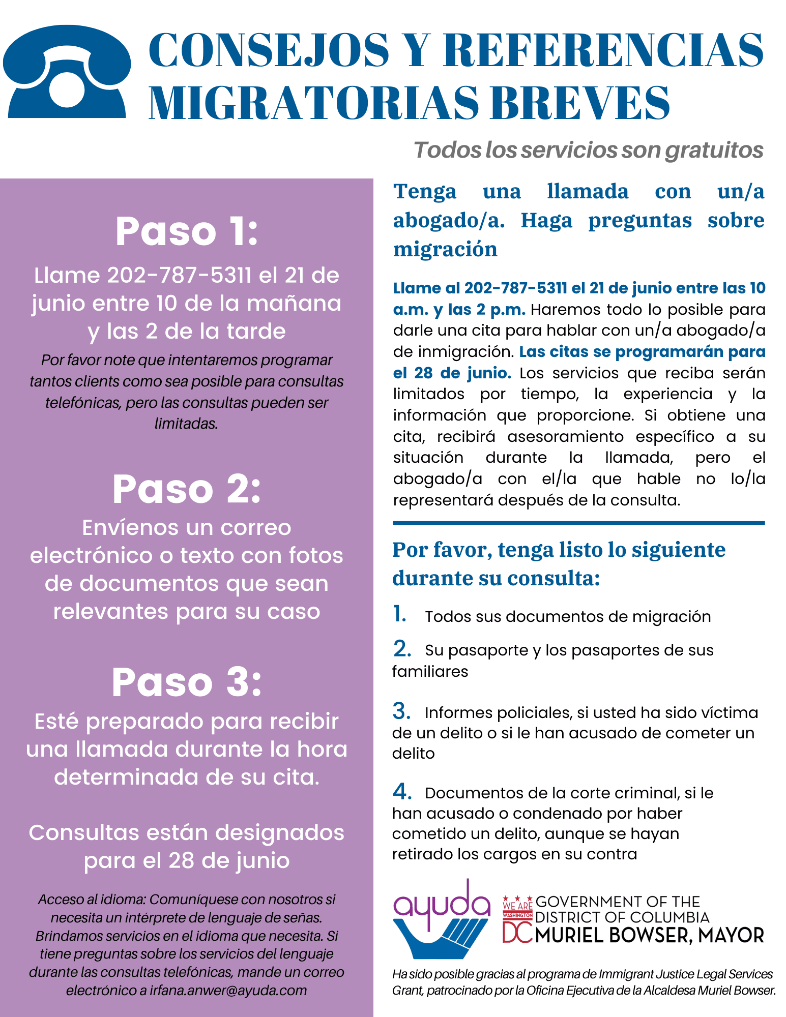 Spanish-language flyer for Ayuda’s June 2024 call-in brief immigration advice clinic.