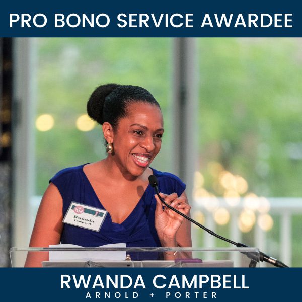 Pro Bono Service Awardee Rwanda Cambell gives remarks at Standing With Immigrants 2024.