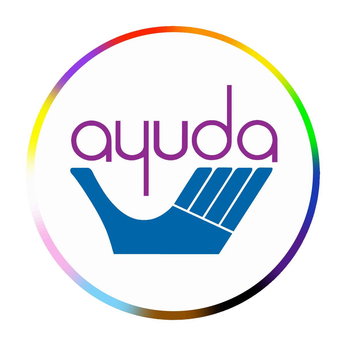 Ayuda Pride logo includes colors from the Pride Flag, transgender flag, and intersex flag.