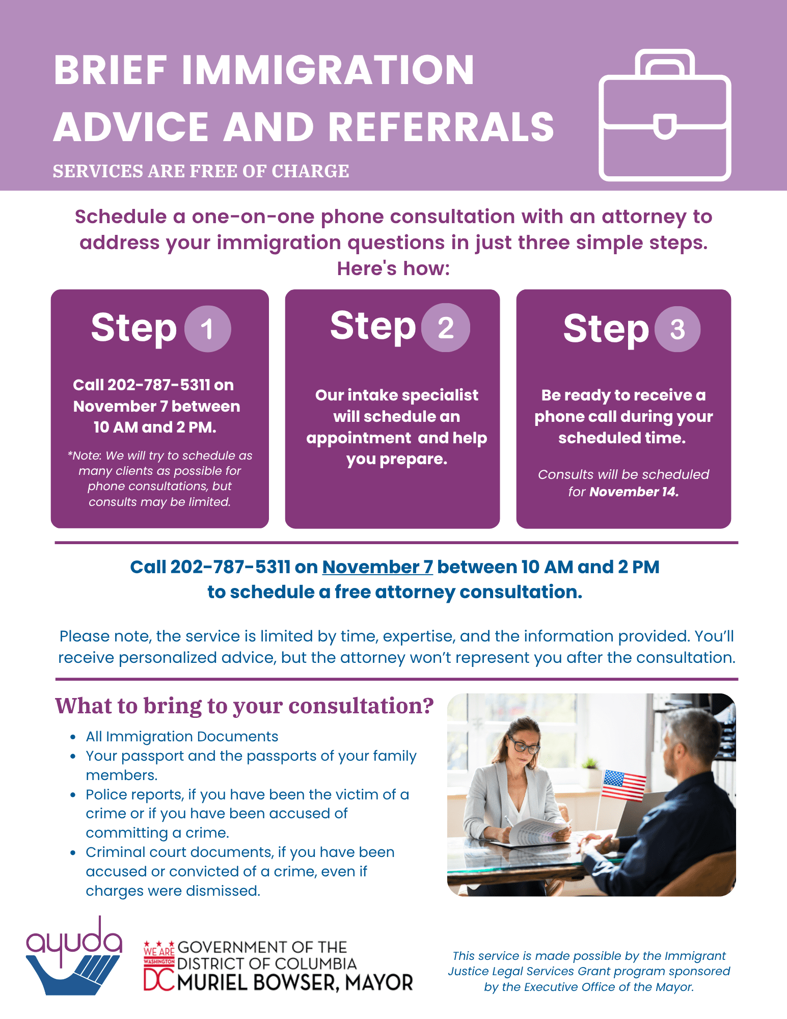 11.2025 Pro Bono Clinic Flyer - ENG Ayuda November 2025 Pro Bono Immigration Clinic FLyer English
