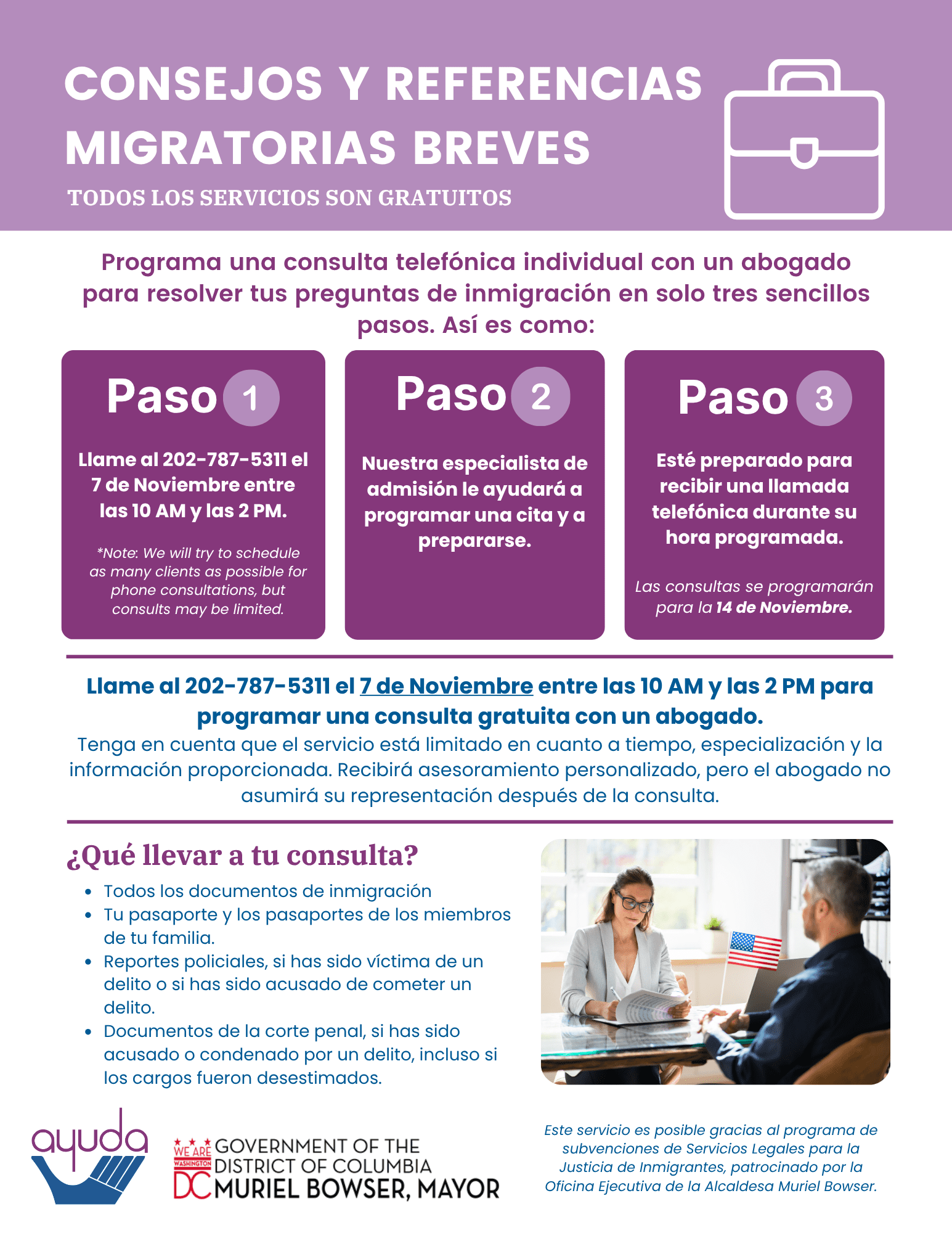 11.2025 Pro Bono Clinic Flyer - ESP Ayuda November 2025 Pro Bono Immigration Clinic FLyer Spanish Espanol