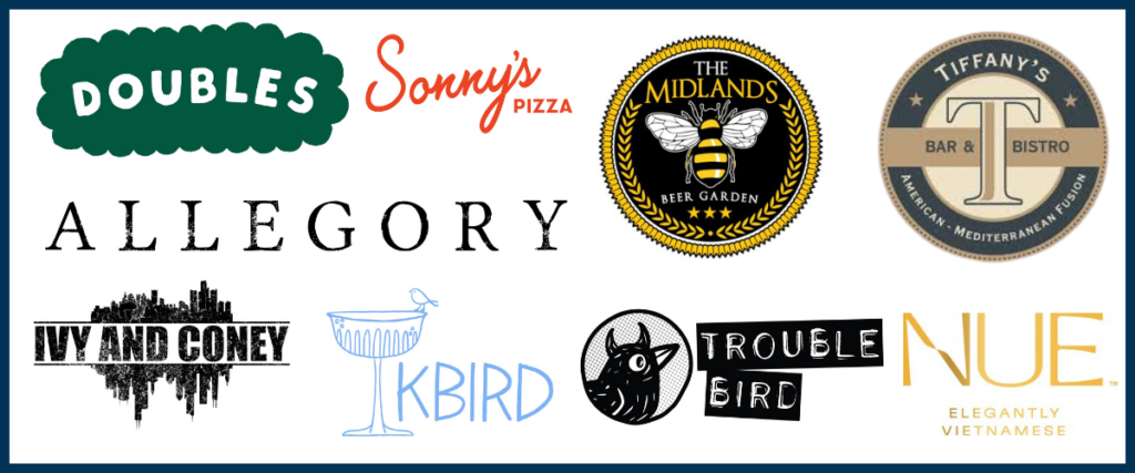 Graphic showing logos of participating Sip with Purpose businesses, including Doubles, Sonny’s Pizza, The Midlands Beer Garden, Tiffany’s Bar & Bistro, Allegory, Ivy and Coney, OKPBird, Trouble Bird, and NUE.
