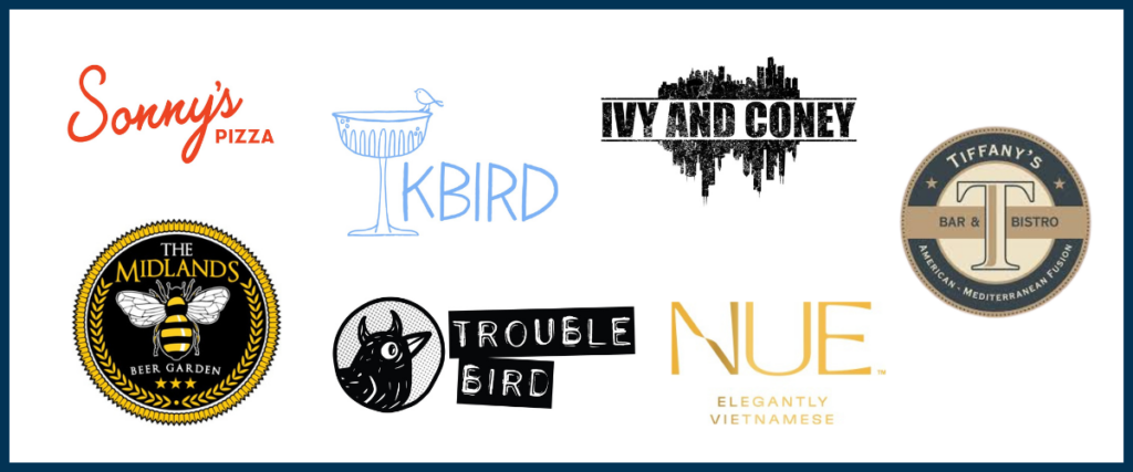 Graphic showing logos of participating Sip with Purpose businesses, including Doubles, Sonny’s Pizza, The Midlands Beer Garden, Tiffany’s Bar & Bistro, Allegory, Ivy and Coney, OKPBird, Trouble Bird, and NUE.
