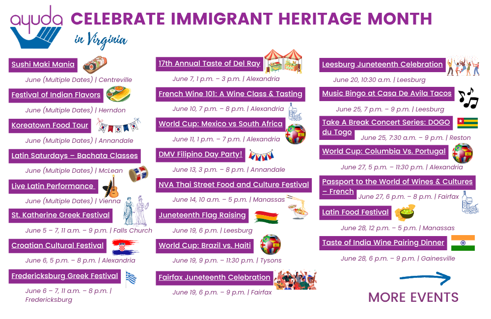 Ayuda graphic listing Virginia Immigrant Heritage Month events in June, including food tours, cultural festivals, World Cup watch parties, Juneteenth celebrations, music events, wine tastings, and festivals across Centreville, Herndon, Annandale, Alexandria, Leesburg, Fairfax, Reston, Manassas, and other Virginia communities.