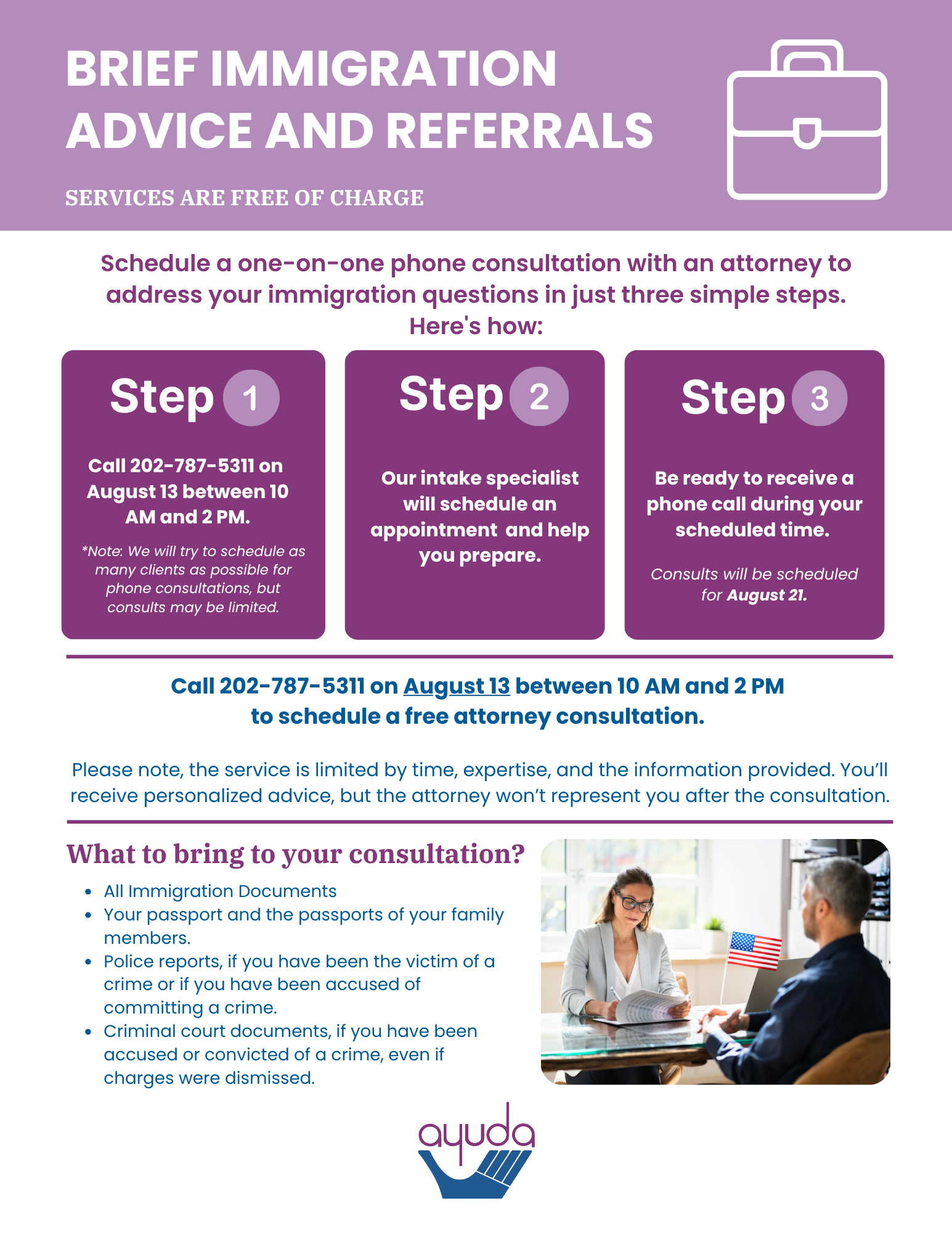 Ayuda August 2026 Pro Bono Immigration Clinic Flyer English