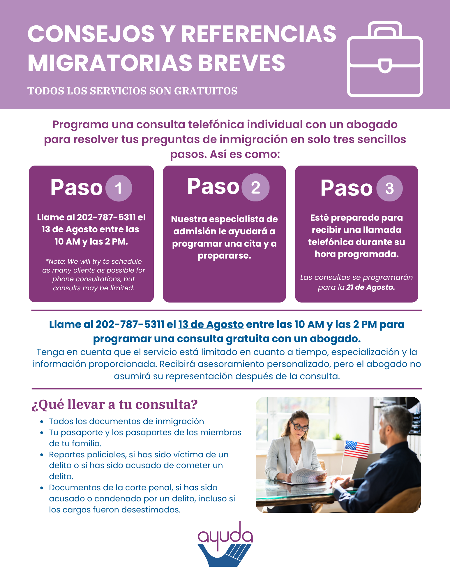 Ayuda August 2026 Pro Bono Immigration Clinic Flyer Spanish